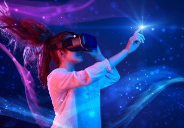 Woman,With,Glasses,Of,Virtual,Reality.,Future,Technology,Concept.,Colorful